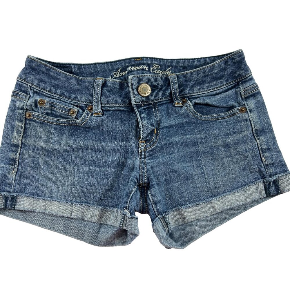American Eagle AEO Womens Cutoff Denim Shorts Size 0 Cuffed Stretch Blue Jean